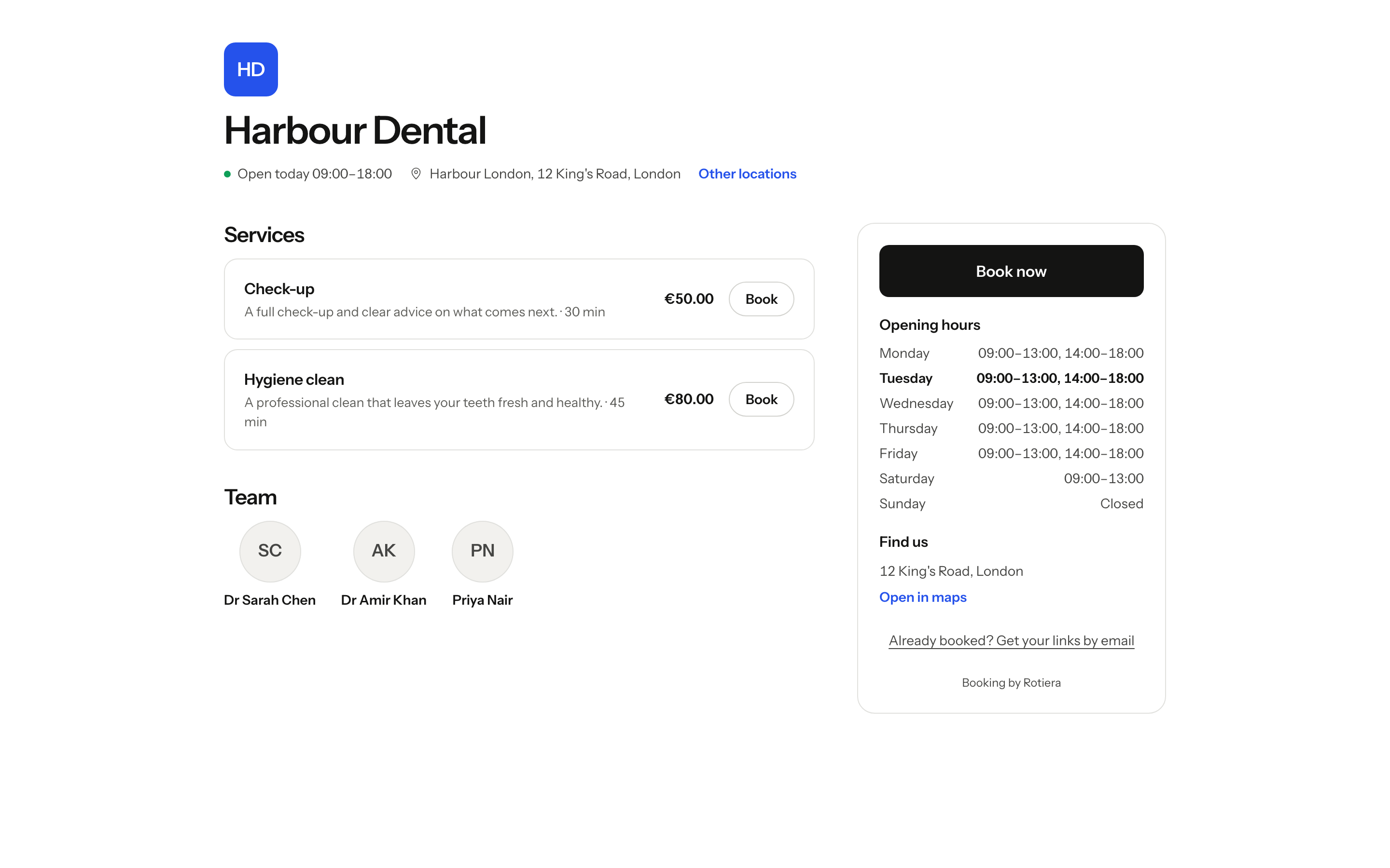 Actual online booking page for the fictional Harbour Dental demo business.